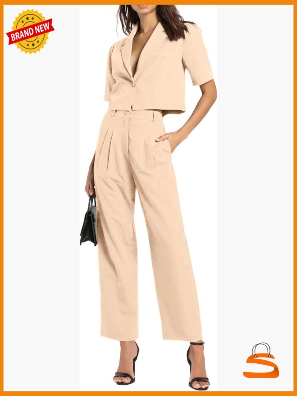 Womens 2 Piece Suit Set Short Sleeve Blazer Wide Leg Pants Business Office